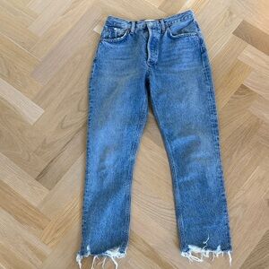Agolde Straight-Leg Frayed Hem Jeans in Mid Blue